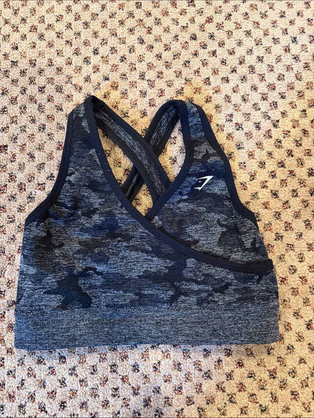 Gymshark Black and Gray Camo Seamless Cross-Back Sports Bra